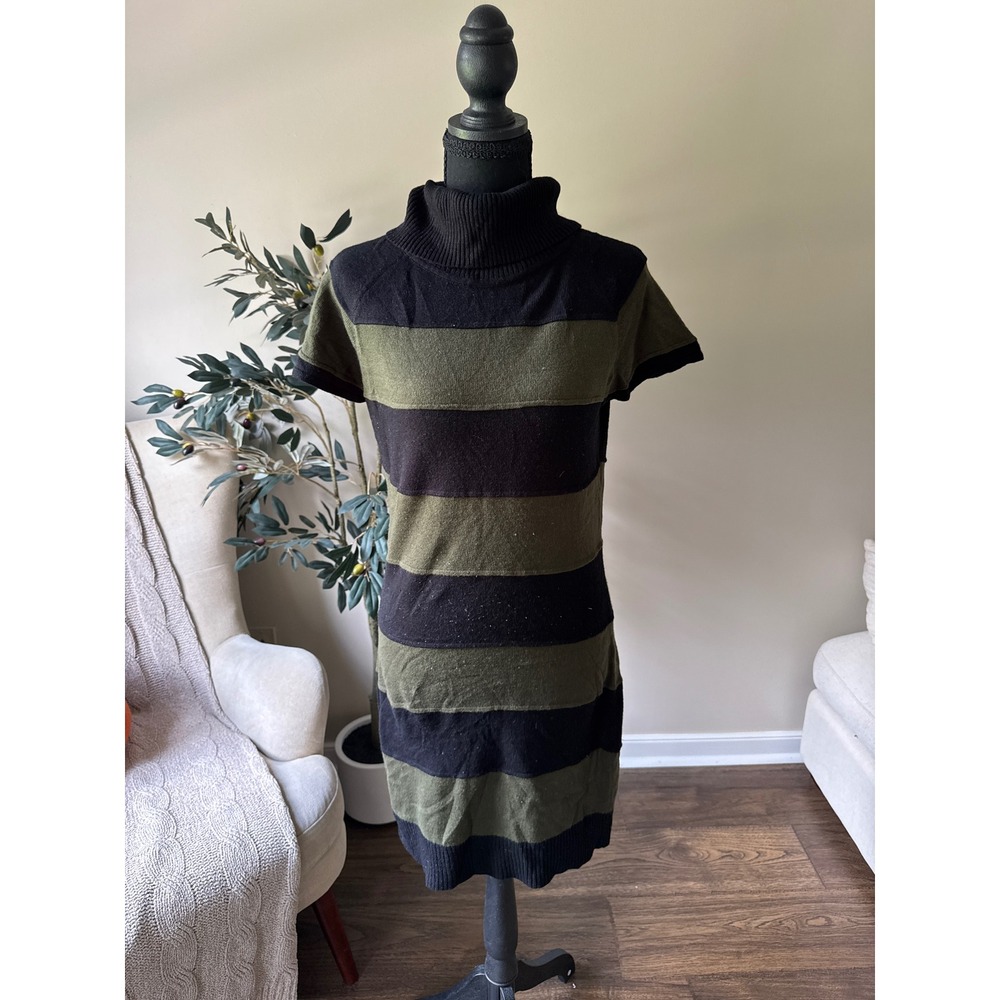 She's Cool Olive Green Black Striped Cowl Neck Short Sleeve Sweater Dress Medium
